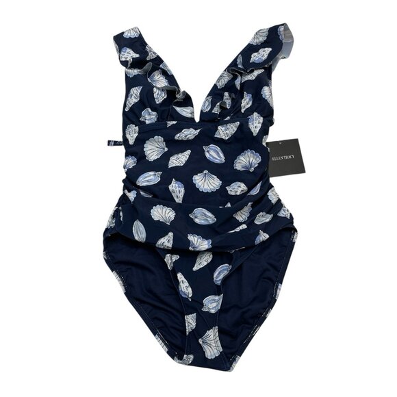 Ellen Tracy Swimsuit Womens 8 Blue Sea Shell Print One Piece Ruffle Tie Back - Picture 1 of 8